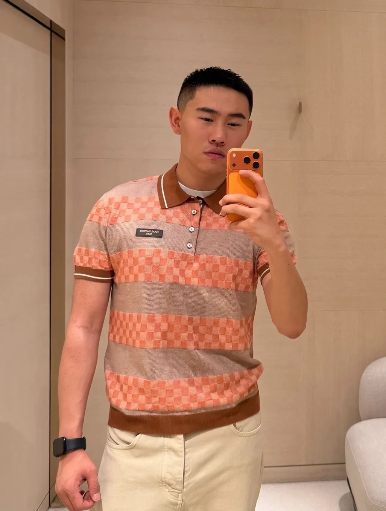 Louis Vuitton/Louis Vuitton 26ss leather striped checkerboard knitted Polo short sleeves